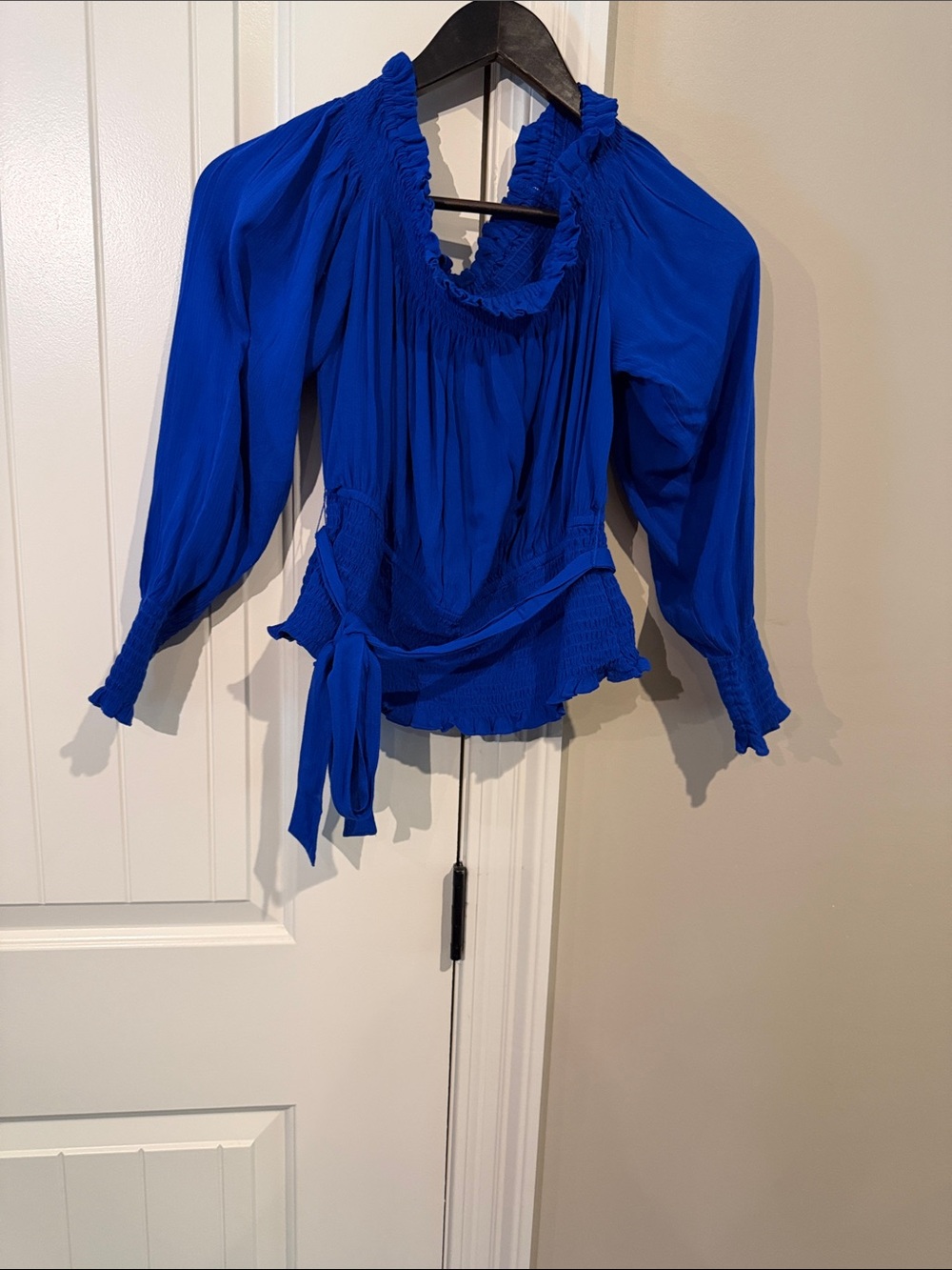 Women’s Royal Blue Peasant Crop Blouse with Tie Waist